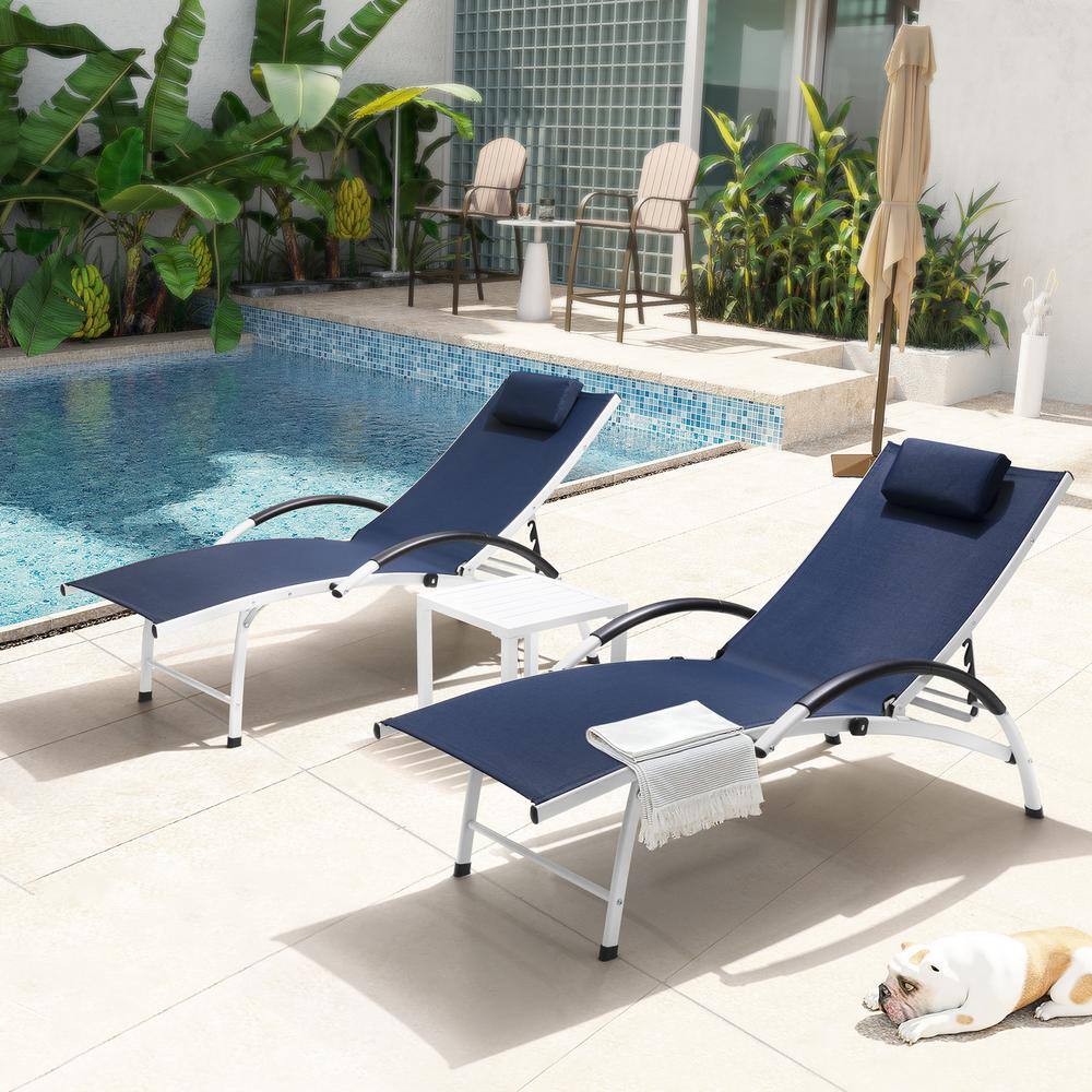 Pellebant 3-Piece Aluminum Adjustable Outdoor Chaise Lounge in Navy ...