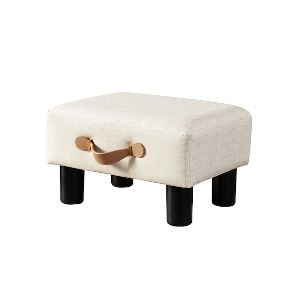 Beige Wood Small Foot Garden Stool with Handle PU Leather Padded Rectangle Storage Ottoman Anti-Slip Legs