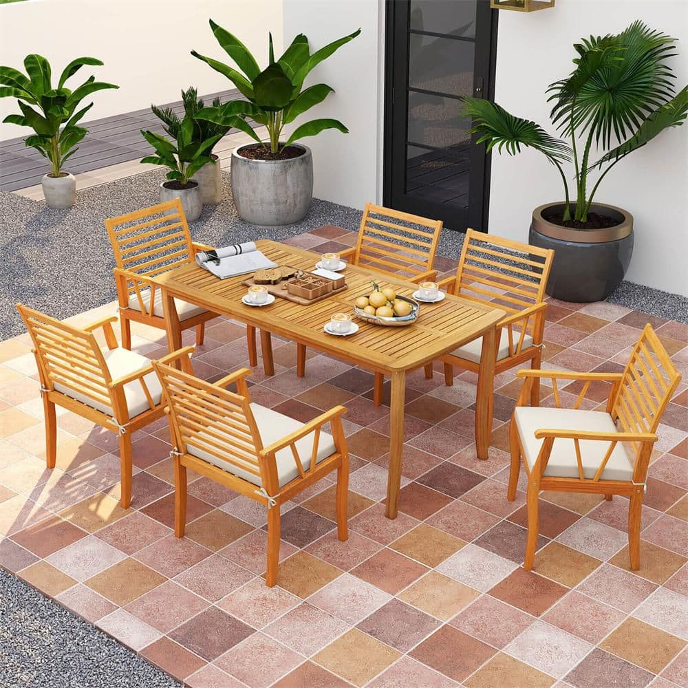 Costway 7 PCS Patio Dining Set Acacia Wood Table and Chairs Set with 1.97” Umbrella Hole in Natural
