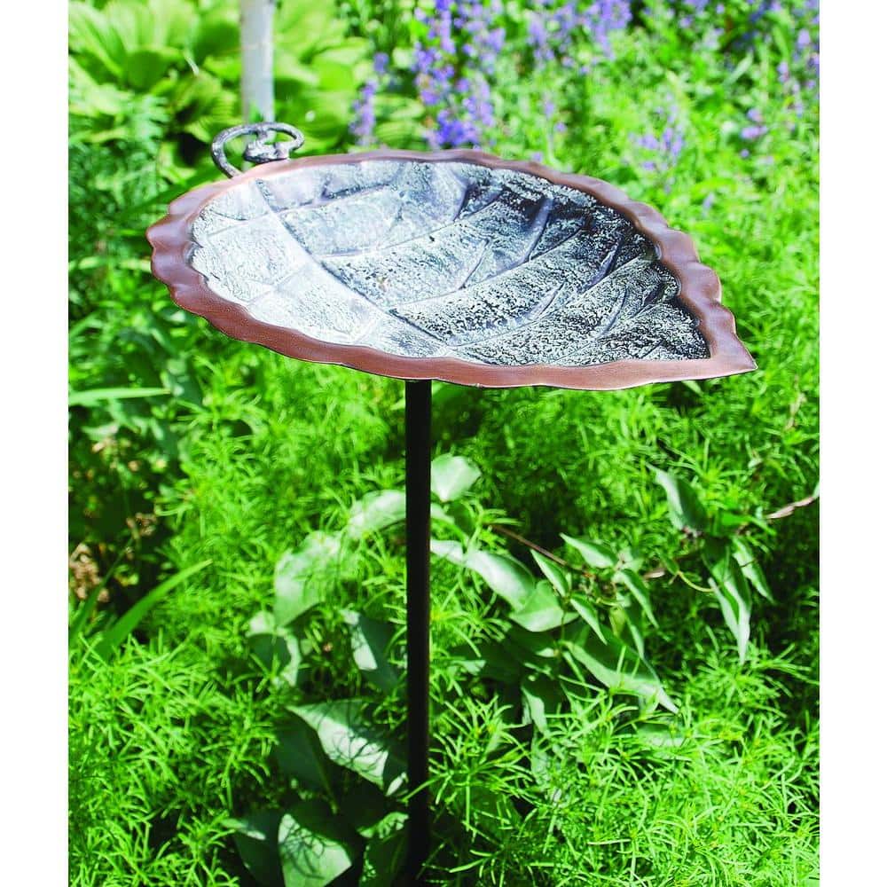 Antique Brass Leaf Birdbath with Iron Stake