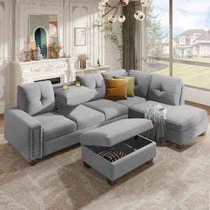 Magic Home 130 in. Square Arm 4-Piece Linen L-Shaped Sectional Sofa in ...