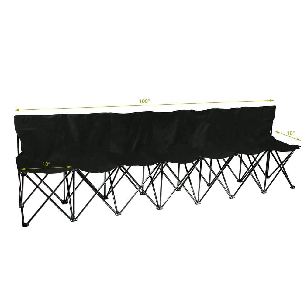 Black Portable 7-Seater Steel Frame Folding Bench with Back