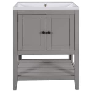 24 in. W x 17.8 in D. x 33.6 in. H Gray Modern Bathroom Vanity Elegant Ceramic Sink with Solid Wood Frame and Open Shelf