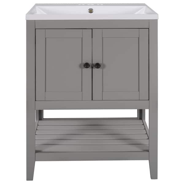 Aoibox 24 in. W x 17.8 in D. x 33.6 in. H Gray Modern Bathroom Vanity Elegant Ceramic Sink with Solid Wood Frame and Open Shelf