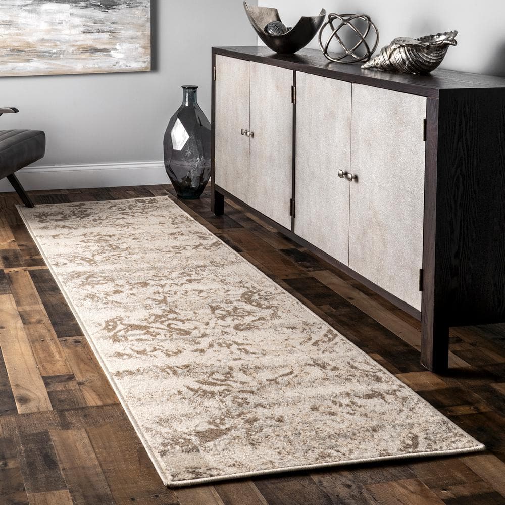 Beige Floral Synthetic Reversible Washable Runner Rug