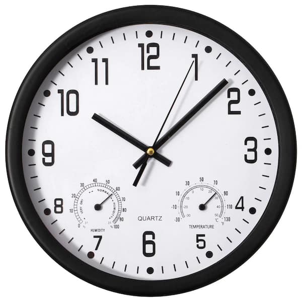 10 in. Non-Ticking Wall Clock with Thermometer, Hygrometer Battery Operated Plastic Analog Temperature, Humidity Black