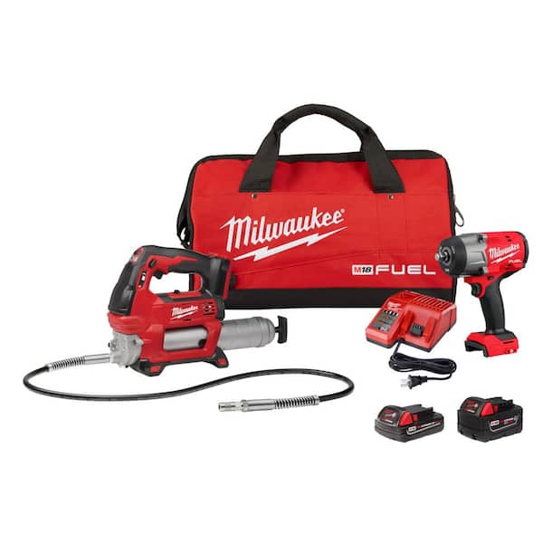 Milwaukee M18 FUEL 18V Lithium-Ion Brushless Cordless High Torque 1/2 in. Impact Wrench w/ Friction Ring & Grease Gun Combo Kit