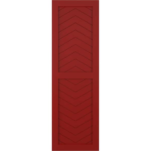 Ekena Millwork 15 in. x 42 in. Flat Panel True Fit PVC Two Panel Chevron Modern Style Fixed Mount Shutters Pair in Fire Red