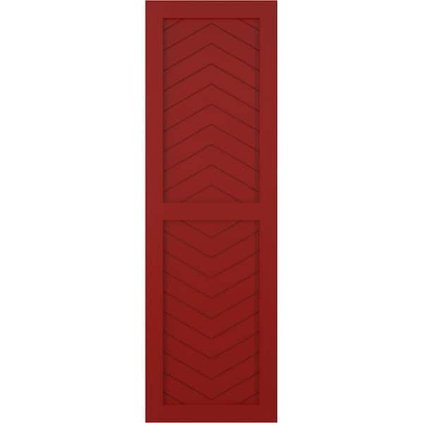 Ekena Millwork 15 in. x 56 in. PVC True Fit Two Panel Chevron Modern Style Fixed Mount Flat Panel Shutters Pair in Fire Red
