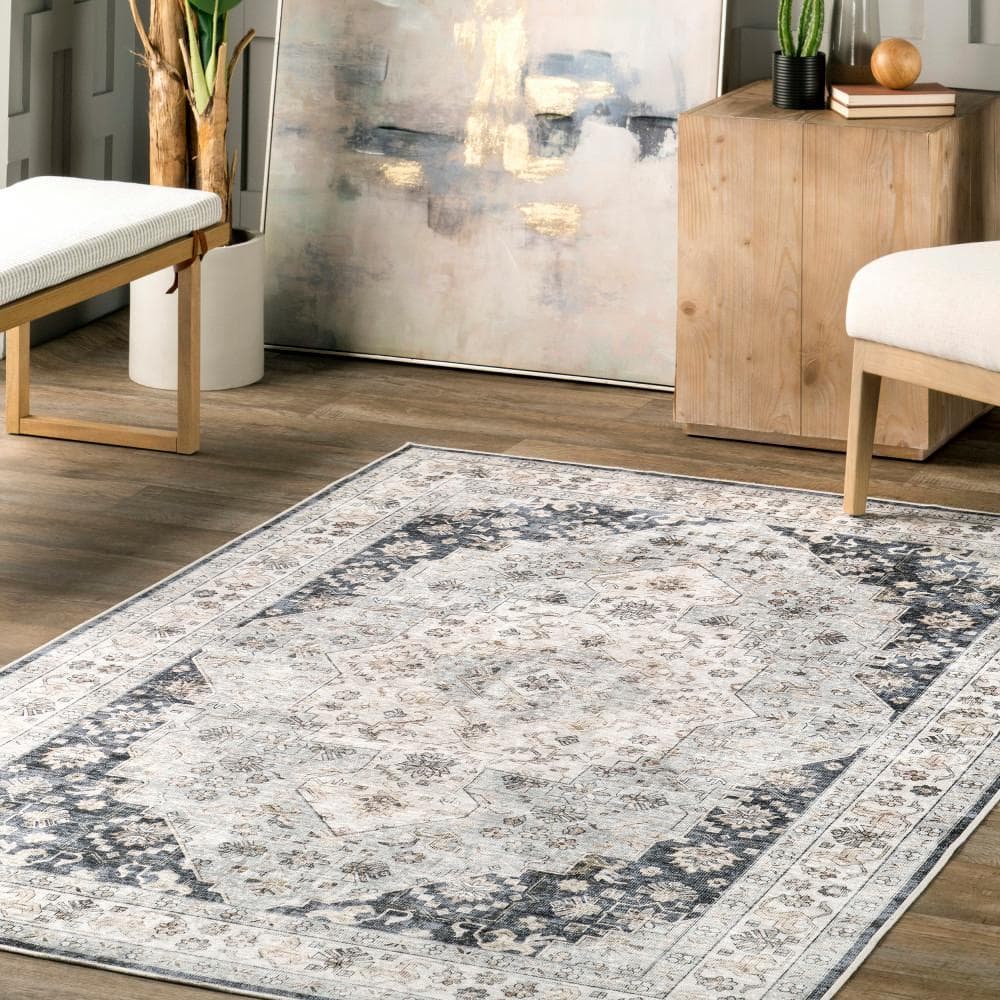 Casey Blue and Gray Synthetic Round Oriental Area Rug, 9' x 12'