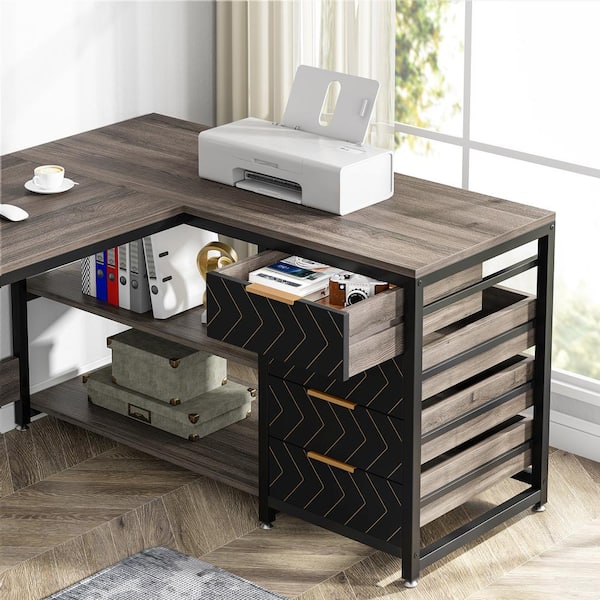 BYBLIGHT Lanita 59 in. L Shaped Gray Wood 4-drawer Computer BYBLIGHT Lanita 59 in. L Shaped Gray Wood 4-drawer Computer