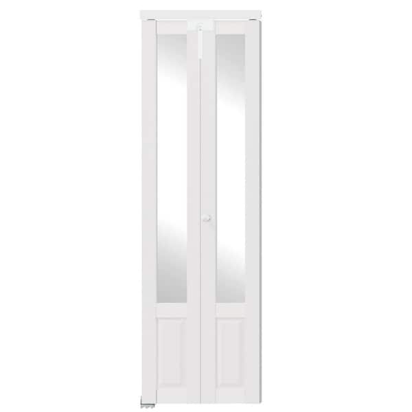 24 in. x 80 in. Half Lite Mirrored Glass Solid Core White PVC Covering MDF Bi-fold Door with Locks and Handles