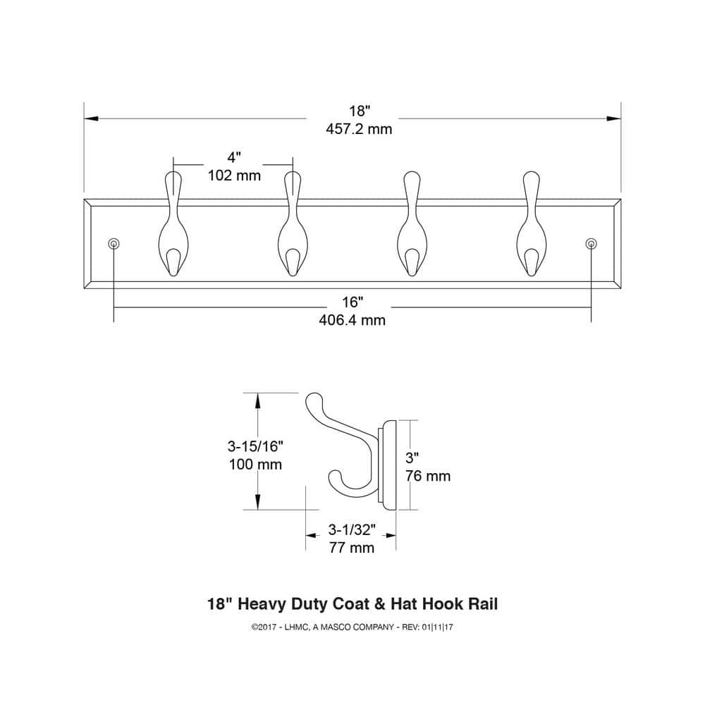 White and Nickel 18" Heavy Duty Coat and Hat Rack