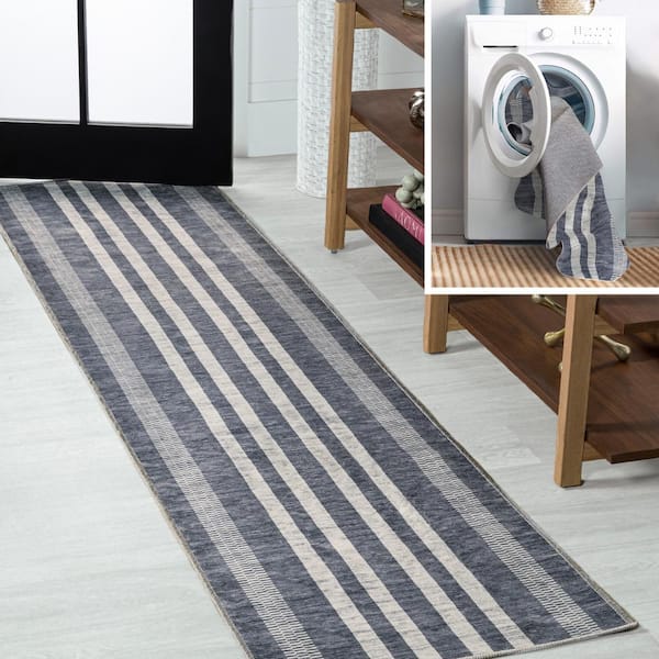 JONATHAN Y Gray/Ivory 2 ft. x 8 ft. Vichy Geometric Striped Machine-Washable Slate Runner Rug
