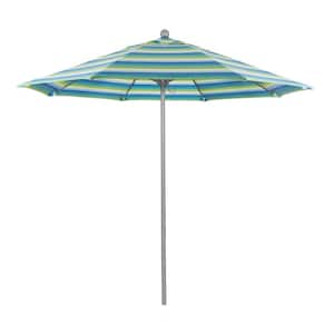 9 ft. Gray Woodgrain Aluminum Commercial Market Patio Umbrella FiberglassRibs and Push Lift in Seville Seaside Sunbrella