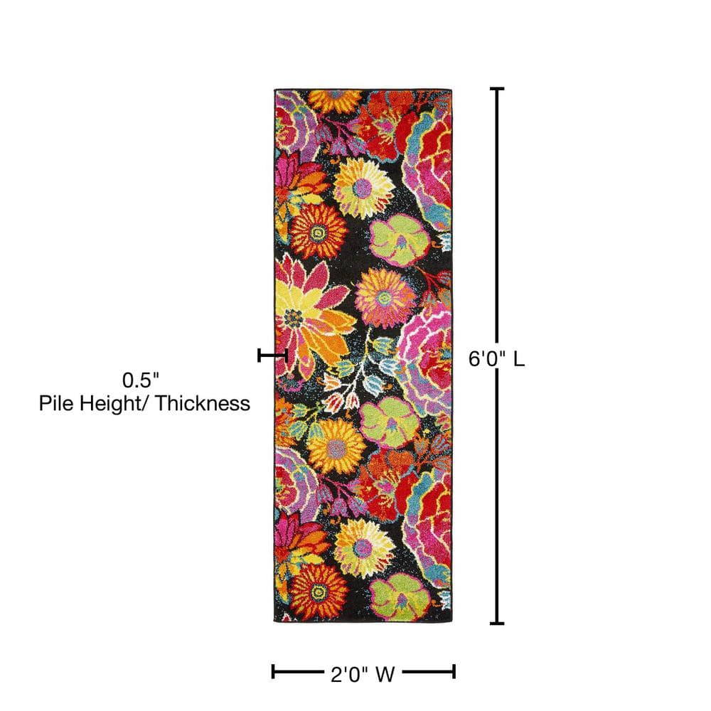 Lyon Kennedy Floral Black and Yellow 2' x 6' Synthetic Runner Rug