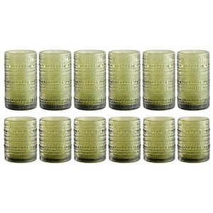 12-Piece Green 12 oz. & 15 oz. Hobnail Glass Cups with 1 Cleaning Brush Embossed Water Tumbler for Beer Cocktail Whiskey