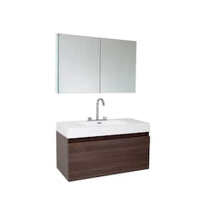 Mezzo 40 in. Vanity in Gray Oak with Acrylic Vanity Top in White with White Basin and Mirrored Medicine Cabinet