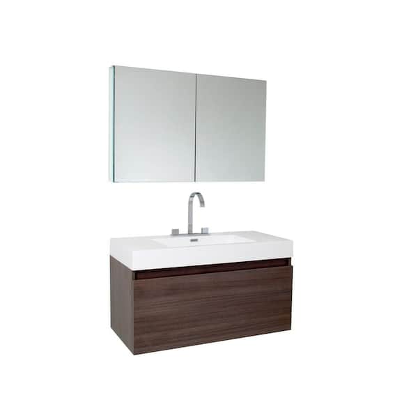 Fresca Mezzo 40 in. Vanity in Gray Oak with Acrylic Vanity Top in White with White Basin and Mirrored Medicine Cabinet