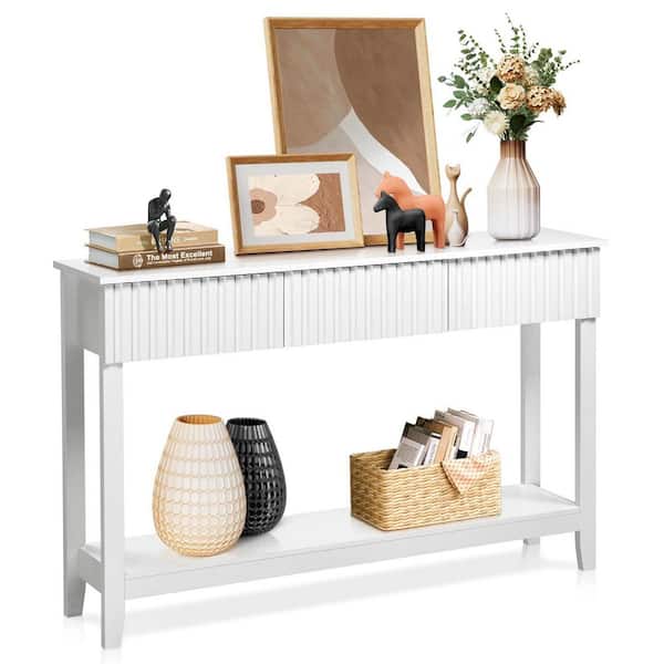 Karl home 51.18 in White Grille Rectangle MDF Console Table with Two Layers Three Drawers