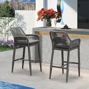 Modern Aluminum Rattan Bar Height Outdoor Bar Stool with Back and Grey Cushion (2-Pack)