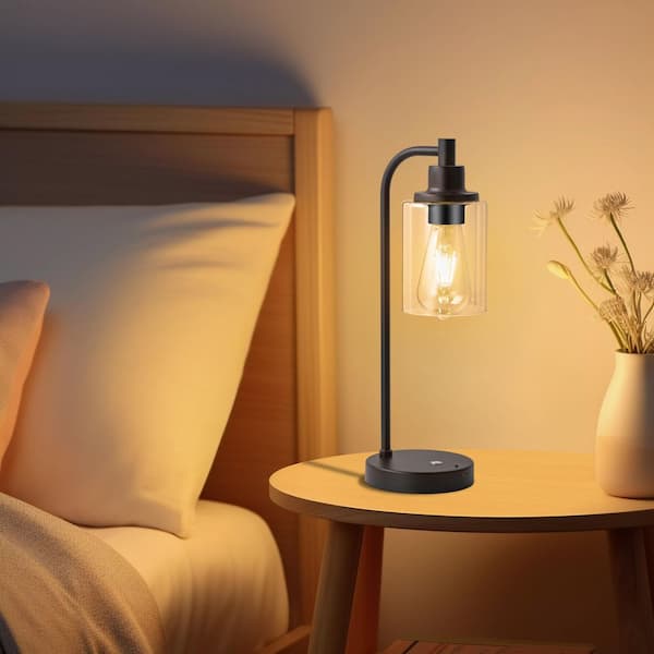 16 in. Black Industrial Dimmable Color Changing Rechargeable Table Lamp with Touch and Remote Control, LED Bulb Included