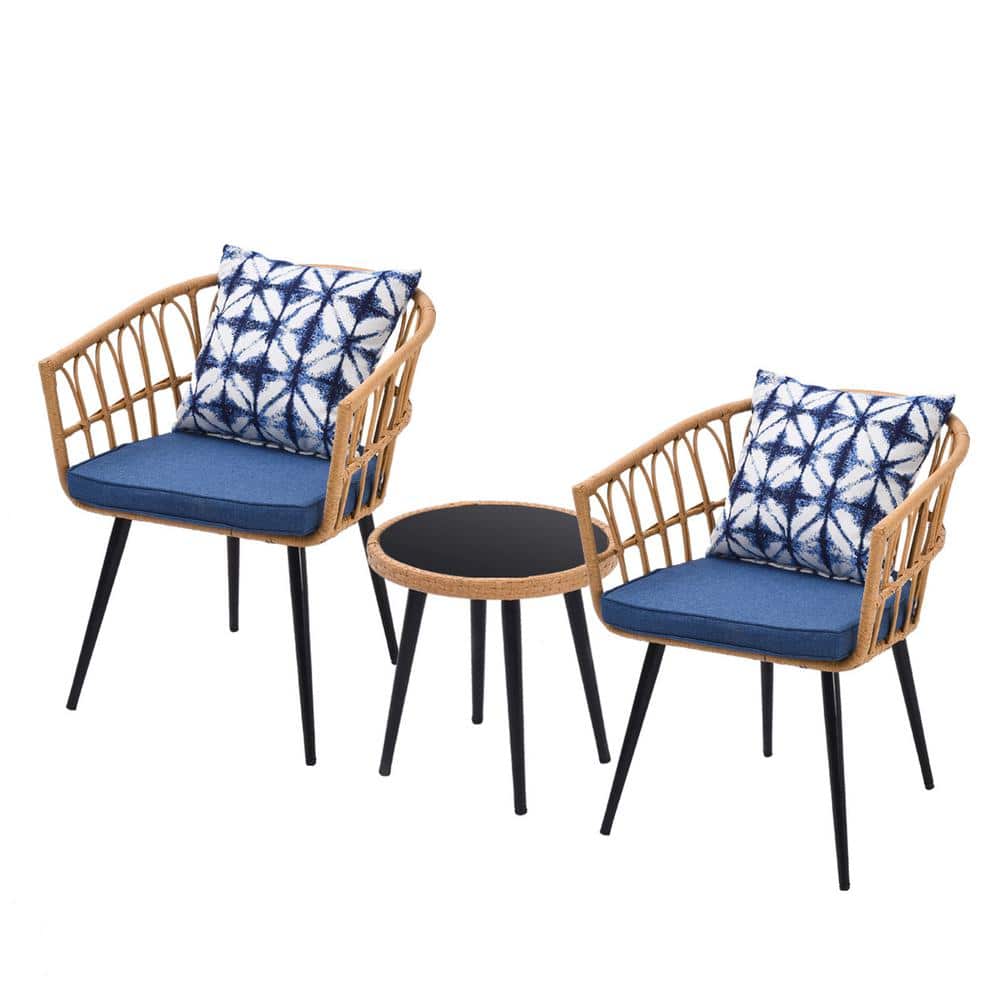 3 Pieces Metal Patio Conversation with Blue Cushions Outdoor Bistro Set wit