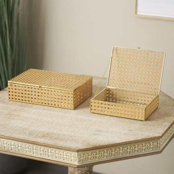 Litton Lane Brown Rattan Woven Jewelry Box with Glass Panels and Chain Accent (Set of 2)
