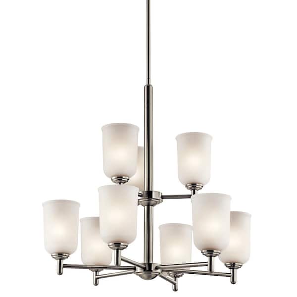 Kichler Shailene 9 Light Brushed Nickel 2 Tier Transitional Dining Room Chandelier With White Etched Glass Shade 43672ni Kichler Shailene 9 Light Brushed Nickel, 2 Tier Chandelier With Shades