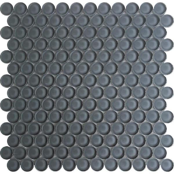 Apollo Tile Dark Gray 12 in. x 12 in. Penny Round Polished Glass Mosaic Tile (5-Pack) (5 sq. ft./Case)