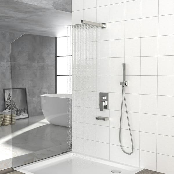 ACAD 2-Spray Patterns with 1.8 GPM 12 in. Wall Mount Dual Shower Heads in Brushed Nickel