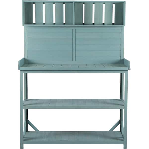 AOPSPS 65 in. Large Wooden Farmhouse Rustic Outdoor Potting Bench Table, Garden Potting Bench and Side Trellis, Green
