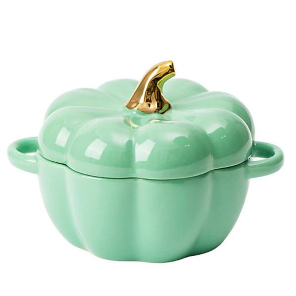4 qt. Ceramic Pumpkin Mini Dutch Oven with Lid, Covered Casserole Baking Bowl for Dessert Sauce, Green
