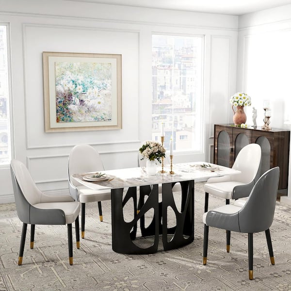 63 in. Pandora Rectangle Round Edge Sintered Stone Top Pedestal Black Metal Base Dining Table (Seats-6)