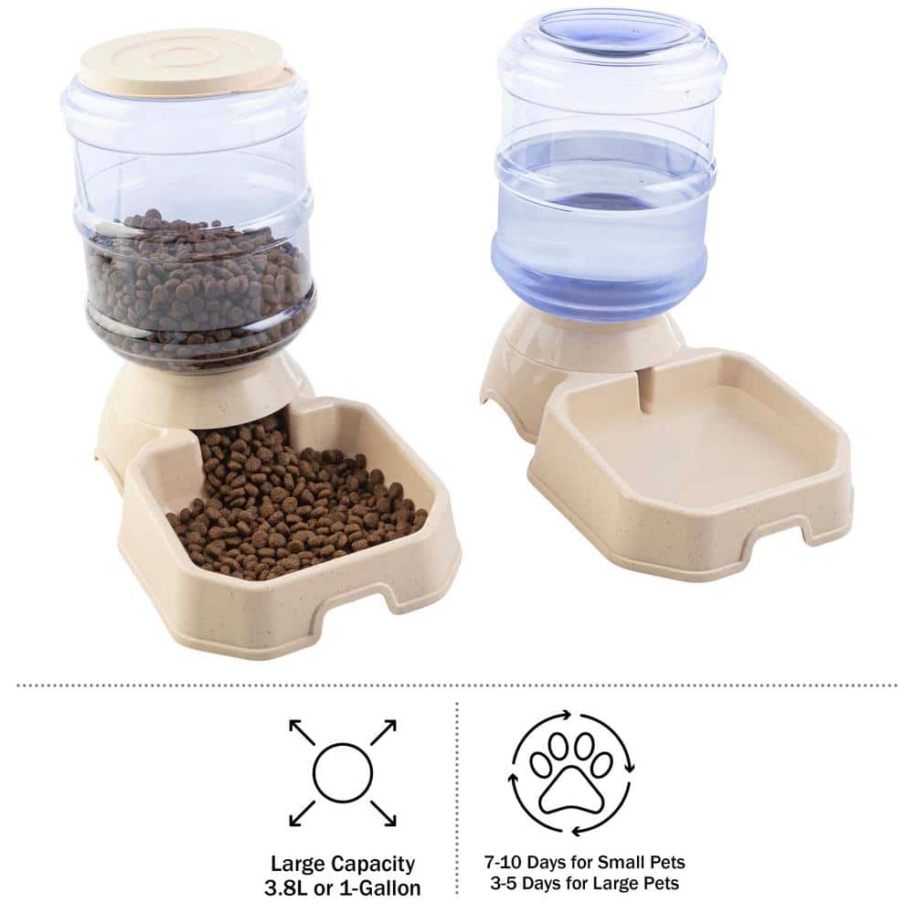 Beige and Clear Automatic Pet Feeder and Water Dispenser Set