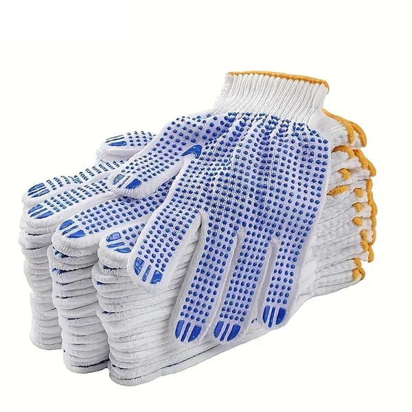 48-Piece 560g Blue Dotted Beads Anti-Slip Work Gloves (Natural White) for Garden Tool Set, Garage and Construction