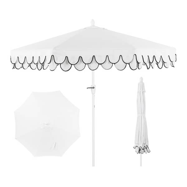 Tracy 9 ft. Scalloped Fringe Market Patio Umbrella with Auto-Tilt, Crank, Wind Vent and UV Protection in White/Black