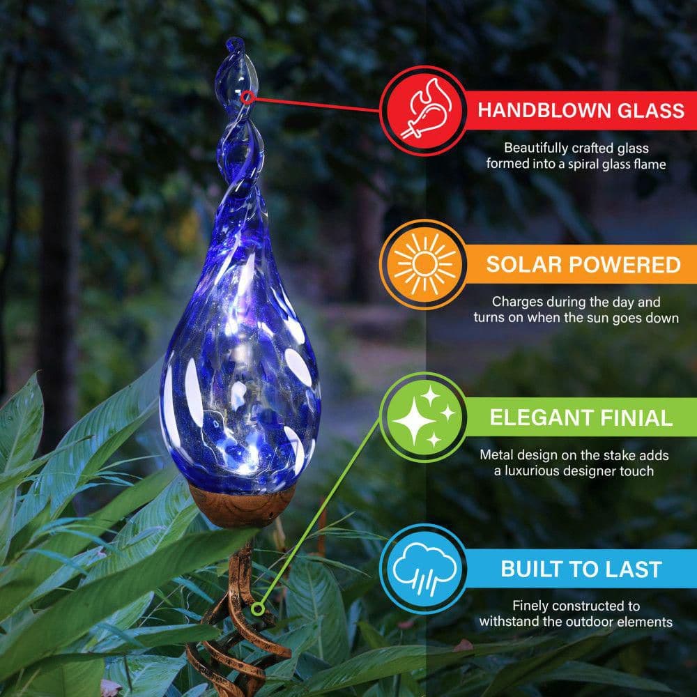 Blue Hand Blown Glass Flame Garden Stake with Metal Finial