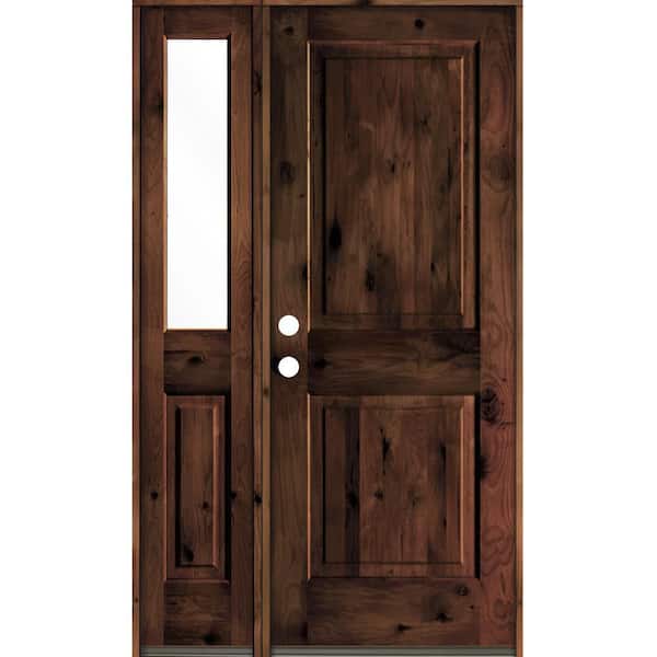 Krosswood Doors 56 in. x 80 in. Rustic knotty alder 2-Panel Right-Hand/Inswing Clear Glass Red Mahogany Stain Wood Prehung Front Door