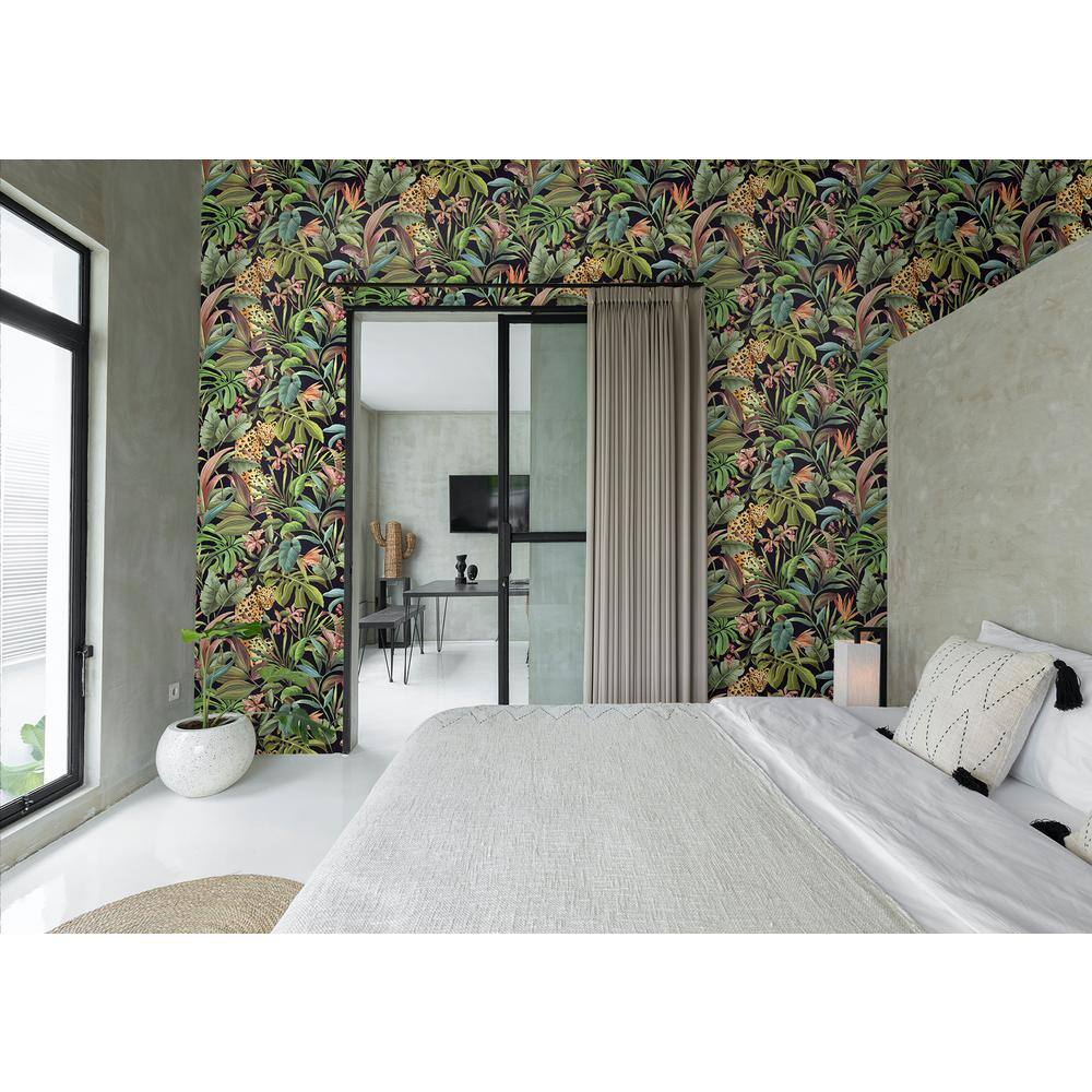 Gloss Black Tropical Leopard Peel and Stick Wallpaper Roll