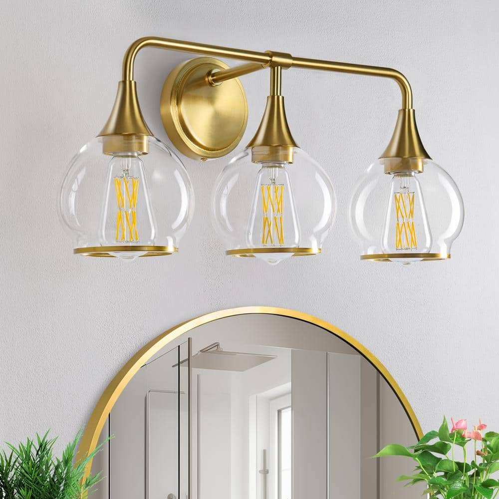 KAISITE 22.4 in. 3-Light Gold Bathroom Vanity Light with Clear Globe ...