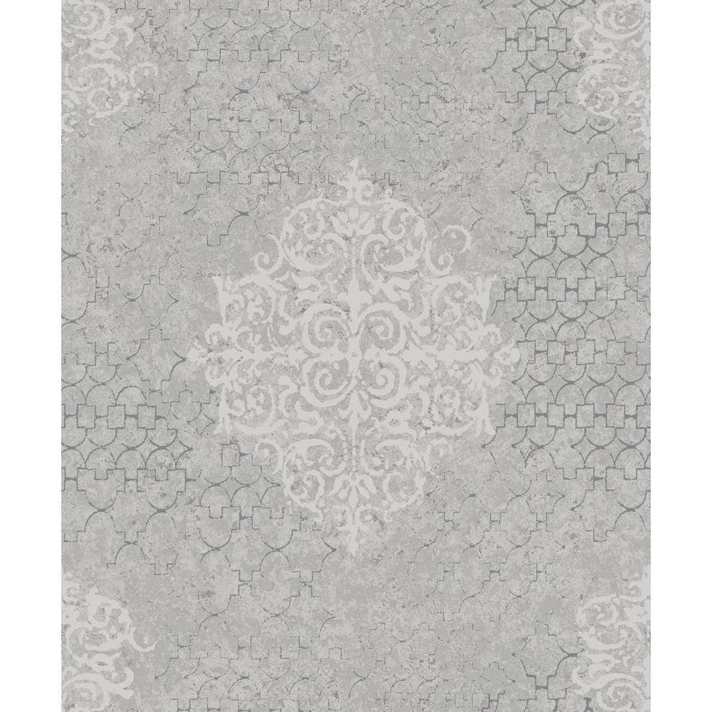 Lustre Collection Silver/Gray Embossed Damask Metallic Finish Paper on Non-
