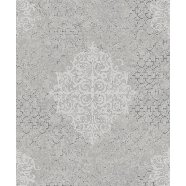 Unbranded Lustre Collection Silver/Gray Embossed Damask Metallic Finish Paper on Non-woven Non-pasted Wallpaper Roll