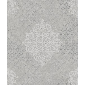 Lustre Collection Silver/Gray Embossed Damask Metallic Finish Paper on Non-Woven Non-Pasted Wallpaper Roll Sample