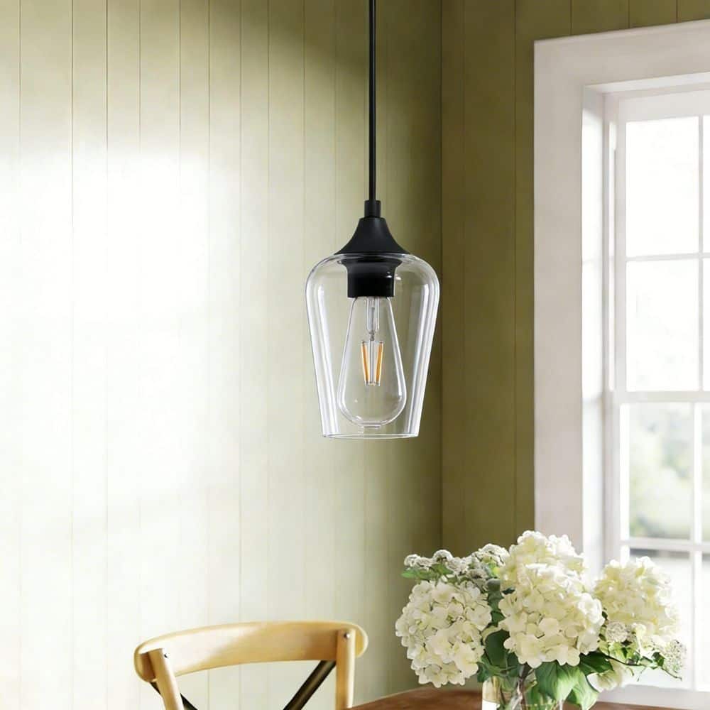 Merra 5 in. W x 6 in. H 1-Light Matt Black Pendant with Clear