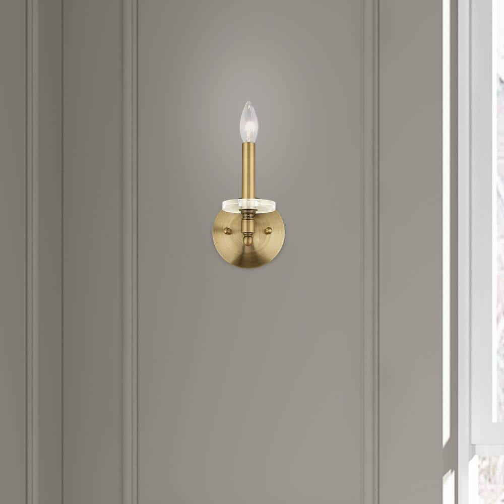 Antique Brass 1-Light Sconce with Clear Crystal Shade