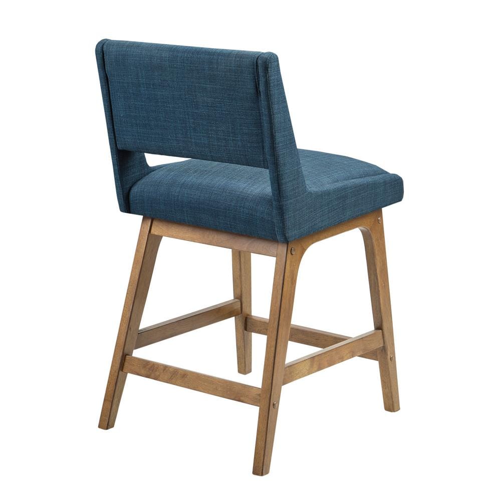 Navy Blue Pecan Wood Upholstered Counter Stool with Cushion