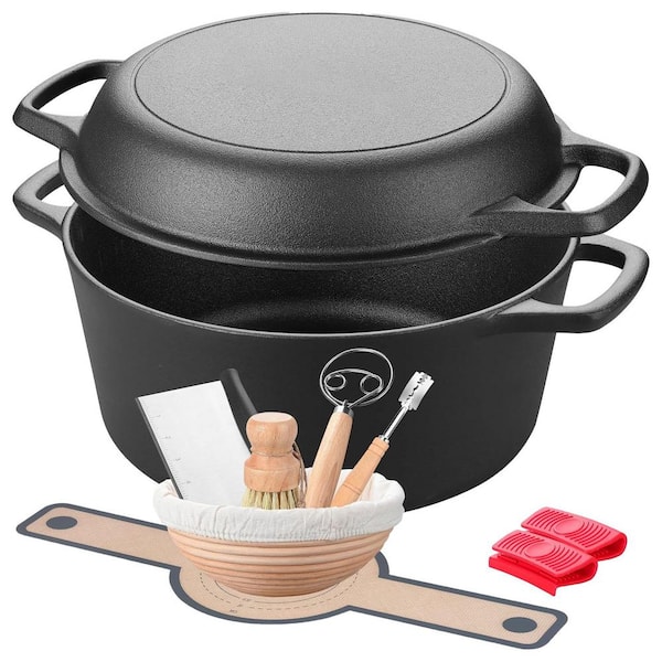 5 qt. Round Cast Iron Dutch Oven in Black with Skillet Lid and Bread Proofing Basket, 1-Piece