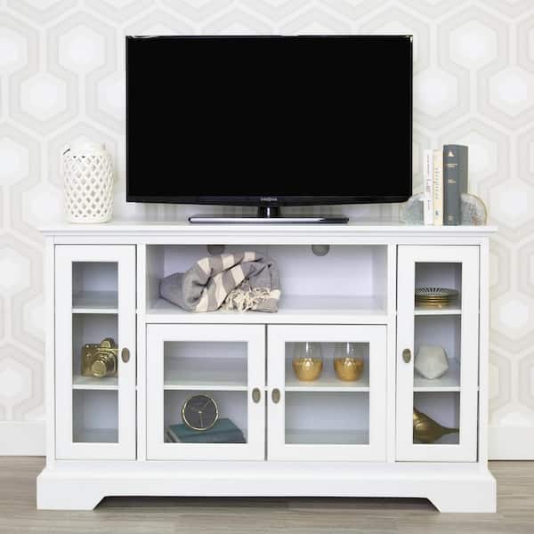 Walker Edison Furniture Company Highboy 52 in. White Composite TV Stand 55 in. with Glass Doors