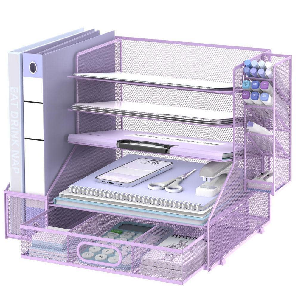 12.9 in x 15.62 in 5 Tier Desk Organizer with File Holder, Mesh Paper Letter Tray and 3 Tilted File Sorter, Purple